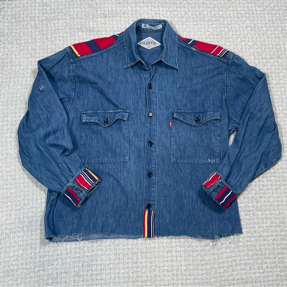 Upcycled Repurposed Levi’s Blue Denim Red Striped Button Up Shirt Western Size S
